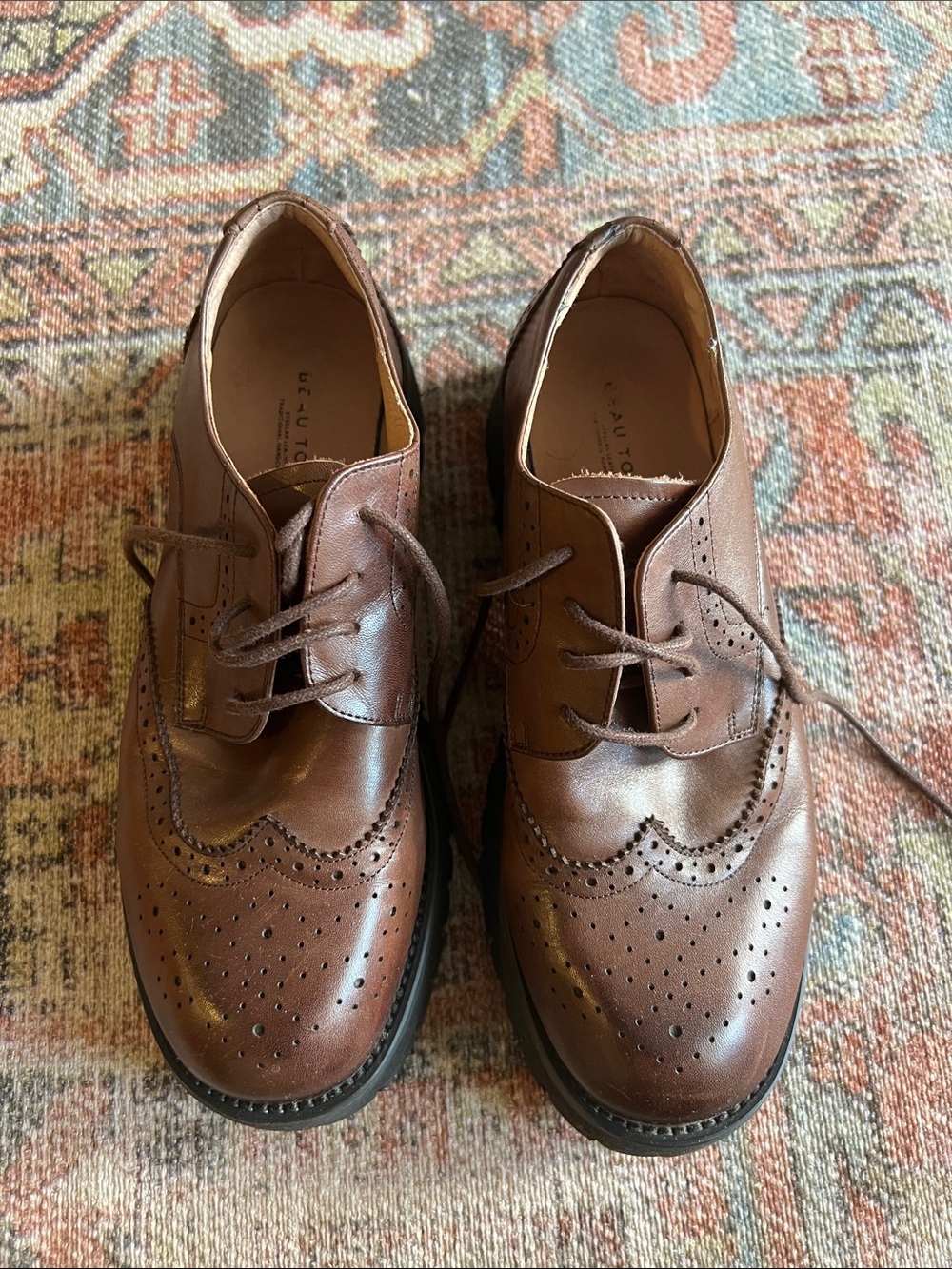 BEAU TODAY Brown Leather Wingtip Derbys Classic Lace-Up 8